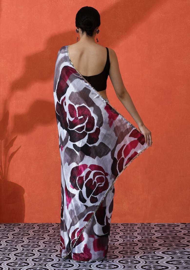 Beige Chiffon Saree Set with Printed for Diwali | Wedding & Festive Wear - Indya