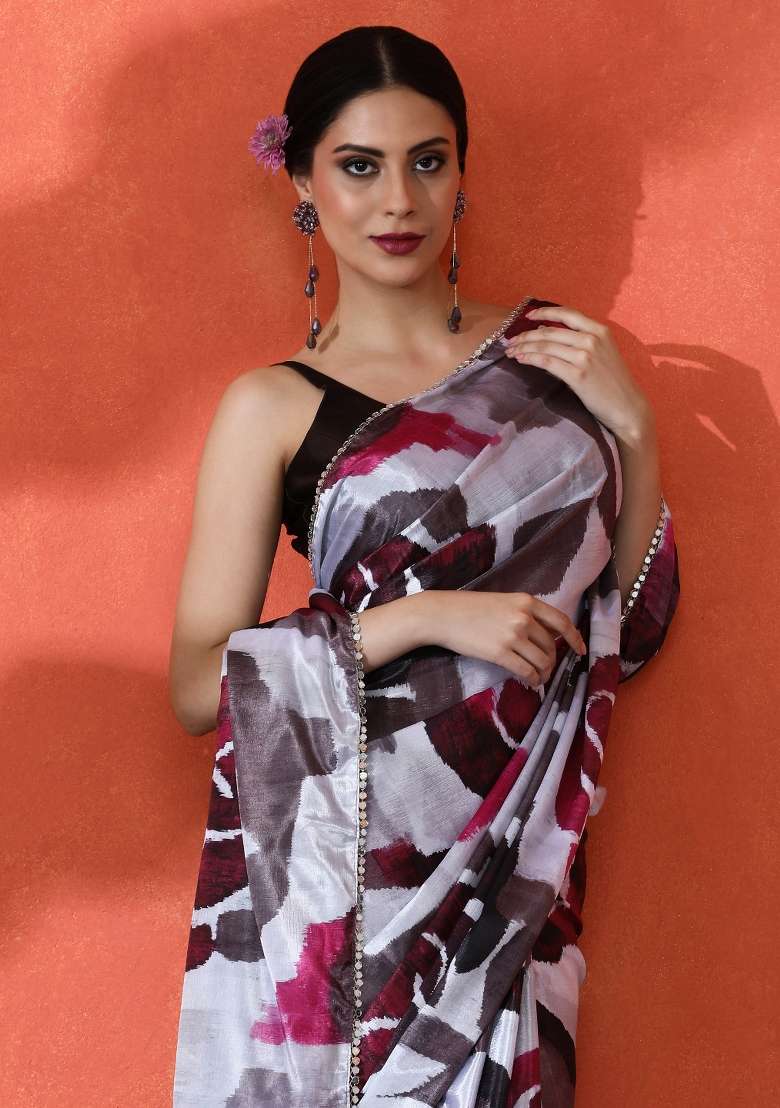 Beige Chiffon Saree Set with Printed for Diwali | Wedding & Festive Wear - Indya