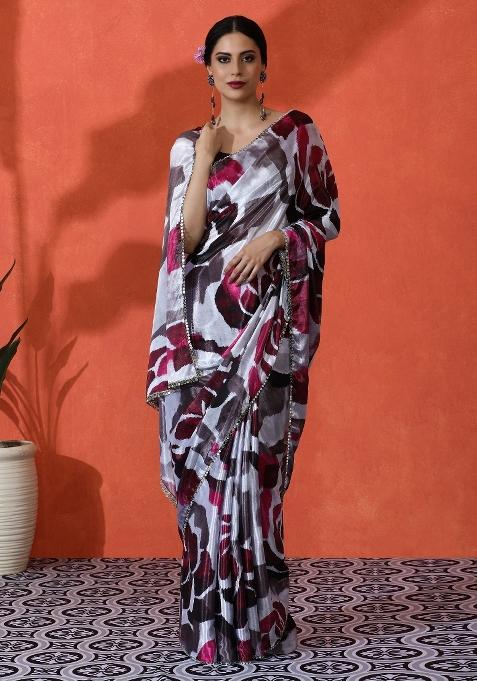 Beige Printed Chiffon Saree Set