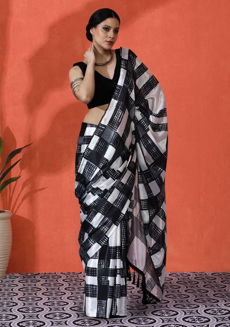 Beige Printed Chiffon Saree Set for Diwali and Festive Wear - Indya
