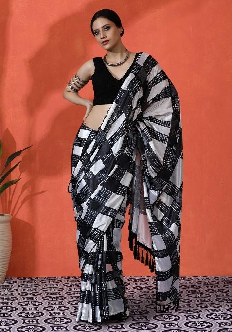 Beige Printed Chiffon Saree Set