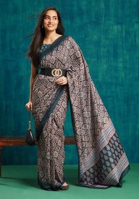 Blue Printed Silk Saree Set