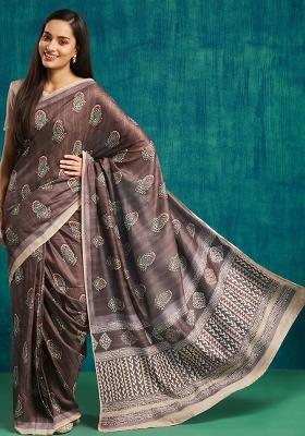 Purple Printed Silk Saree Set