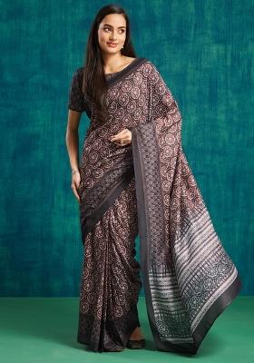 Black Printed Silk Saree Set