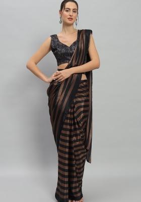 Brown Embroidered Silk Saree Set