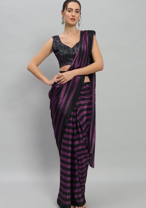 Purple Embroidered Silk Saree Set