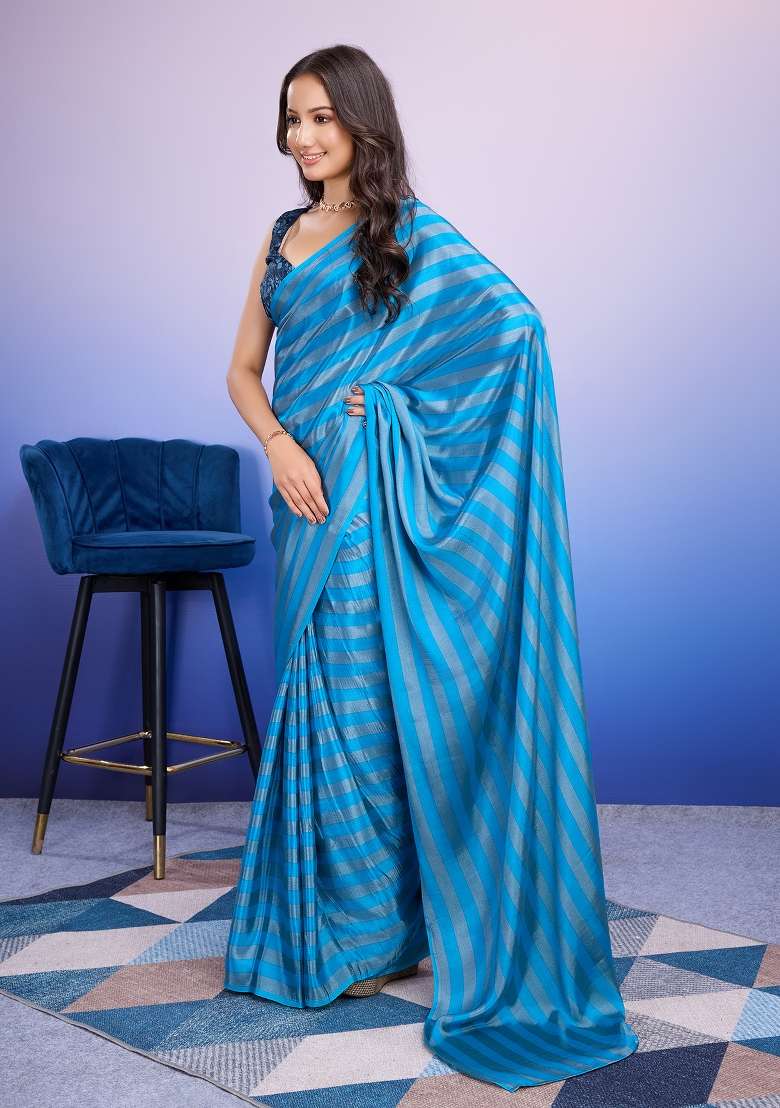 Blue Embroidered Silk Saree Set - Indya