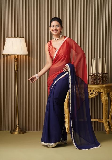 Blue Embroidered Chiffon Saree Set