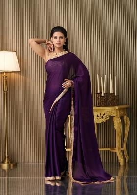 Purple Embroidered Satin Saree Set