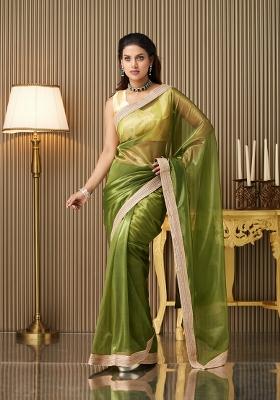 Green Embroidered Net Saree Set