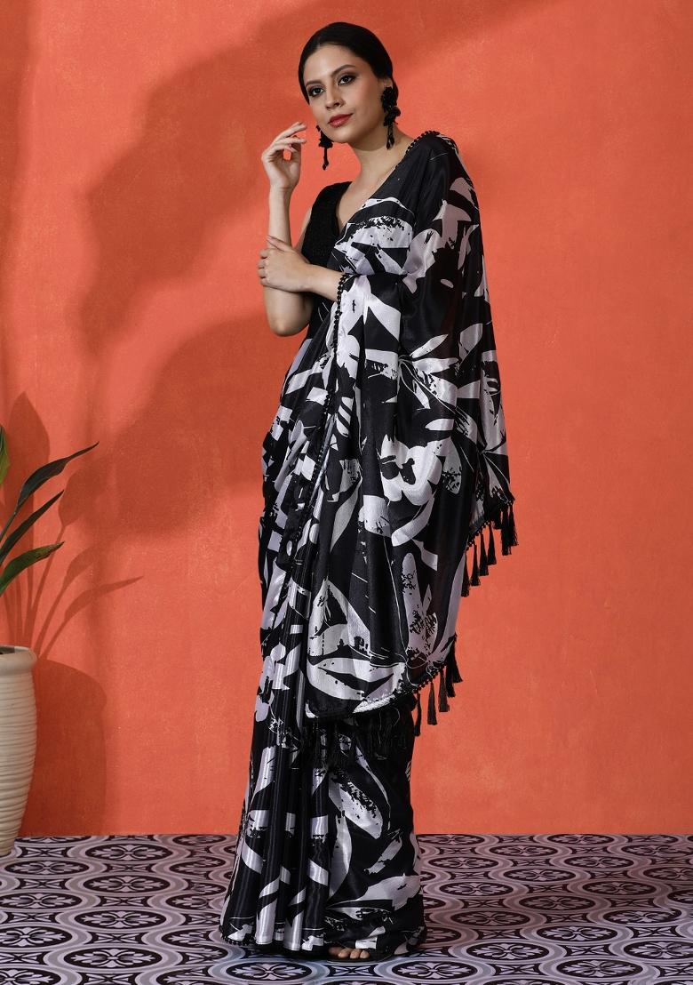 Black Printed Chiffon Saree Set - Indya