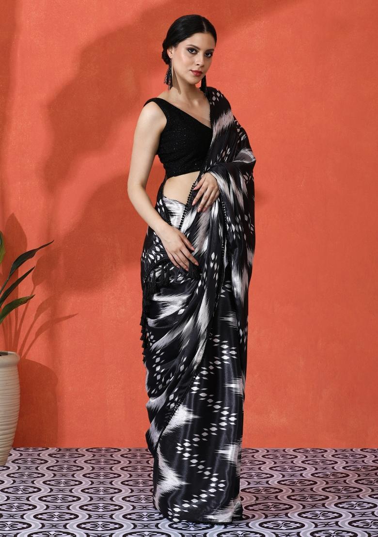 Black Printed Chiffon Saree Set - Indya