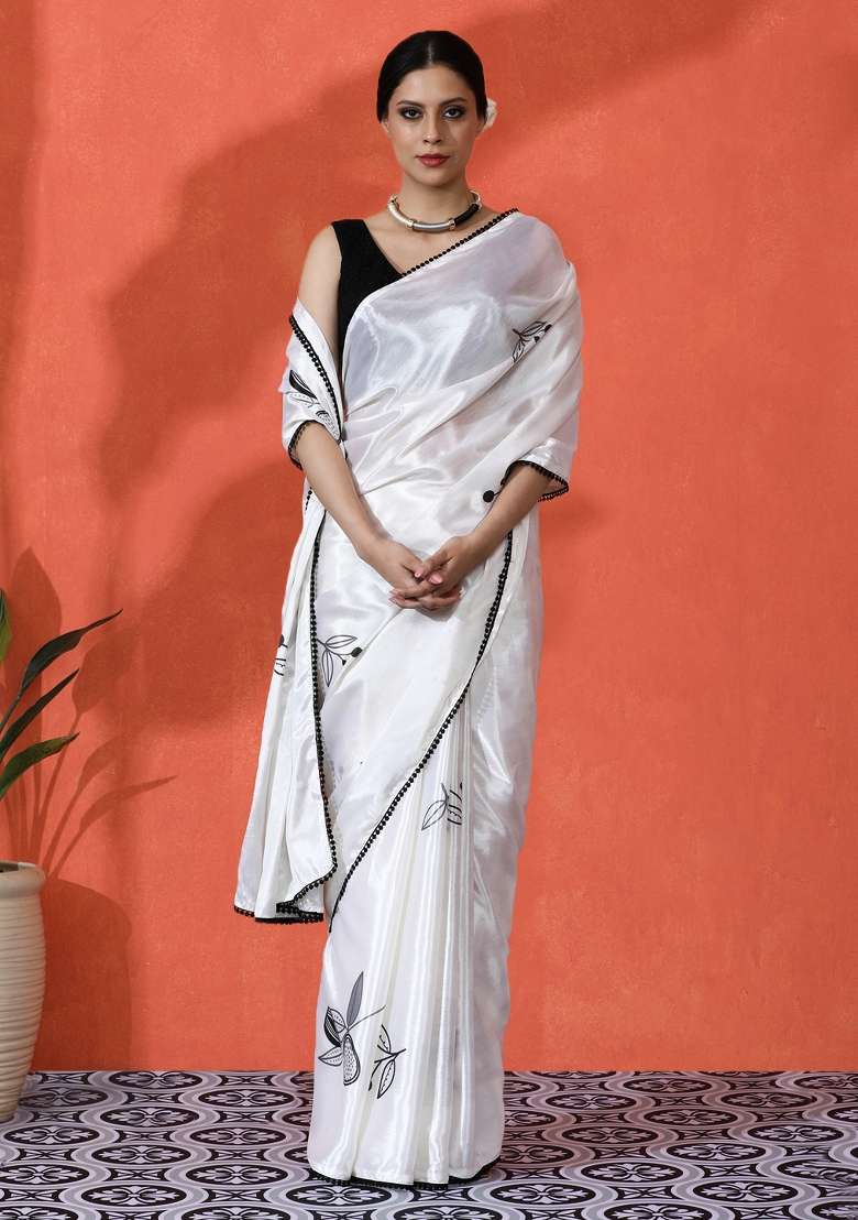 Beige Printed Chiffon Saree Set - Indya