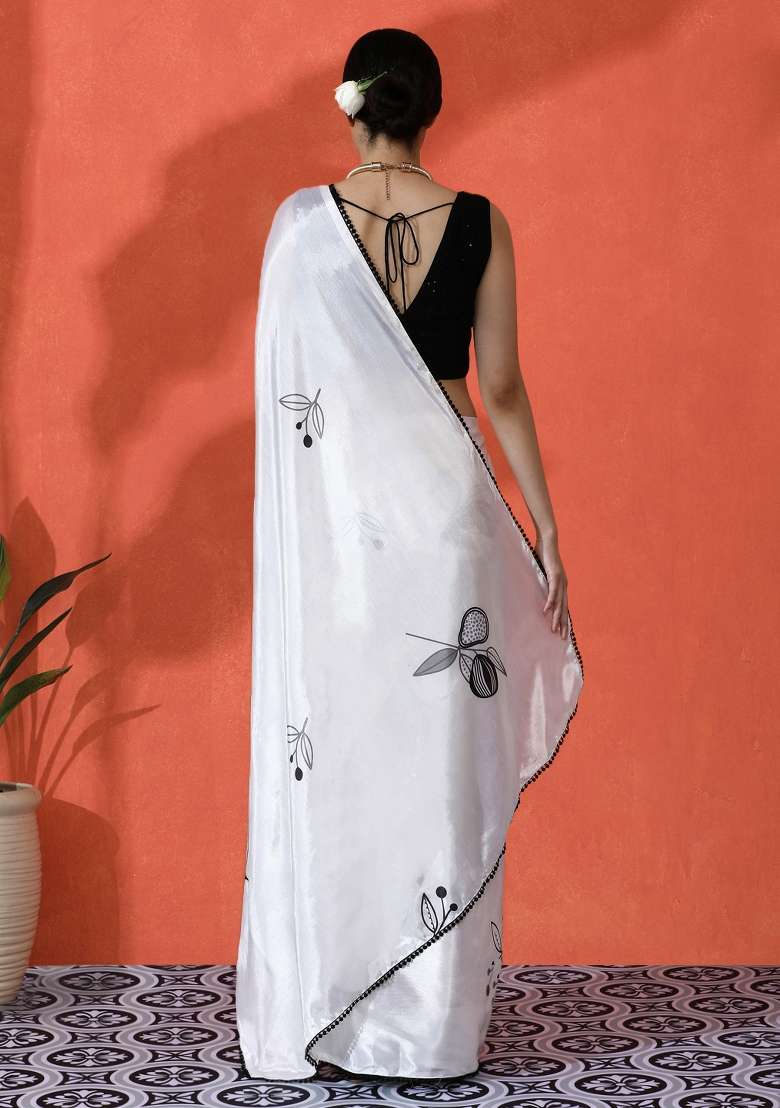 Beige Printed Chiffon Saree Set - Indya