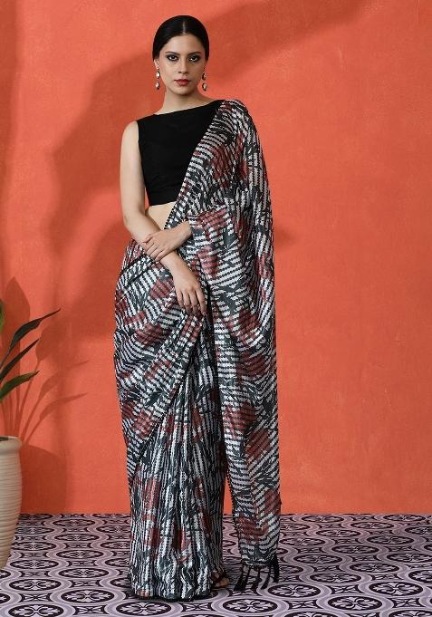 Multi Printed Chiffon Saree Set — view on Indya