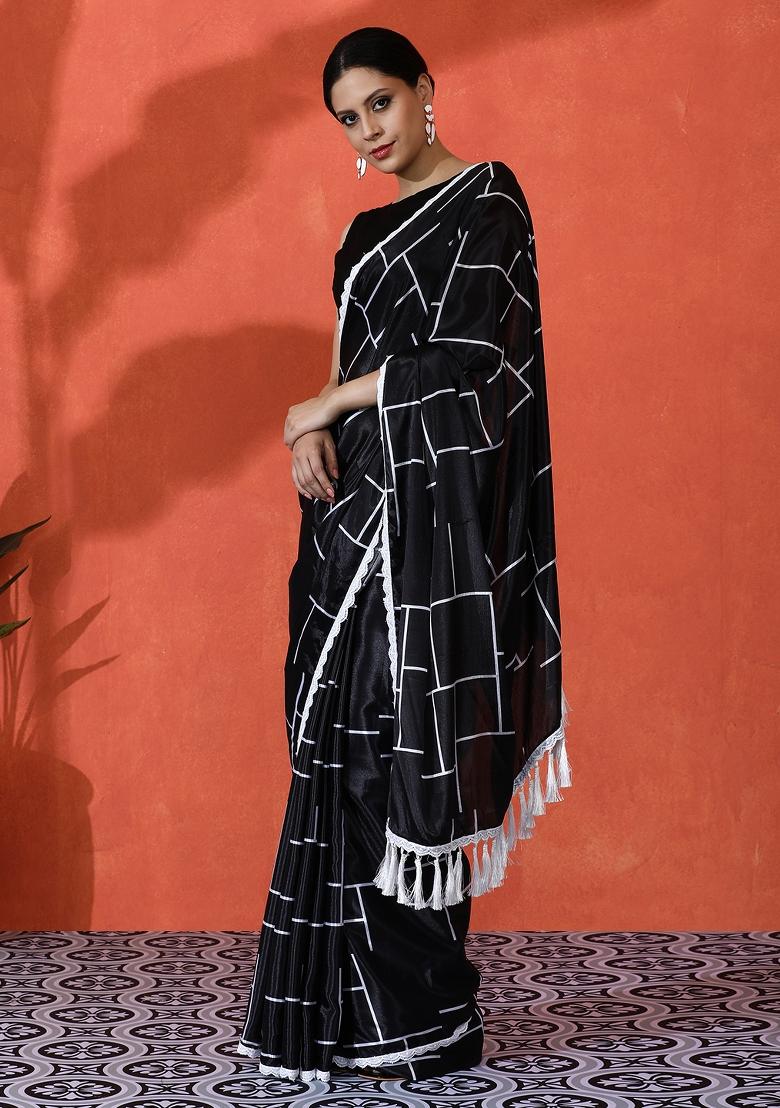 Black Printed Chiffon Saree Set