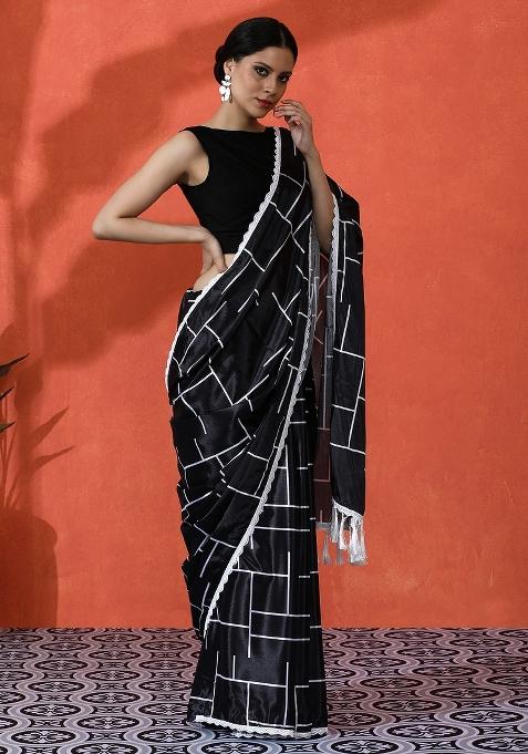 Black Printed Chiffon Saree Set