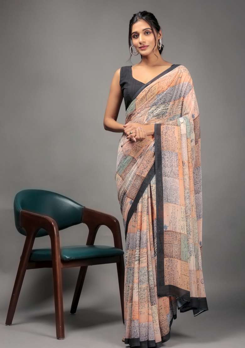 Orange Printed faux georgette Saree Set - Indya
