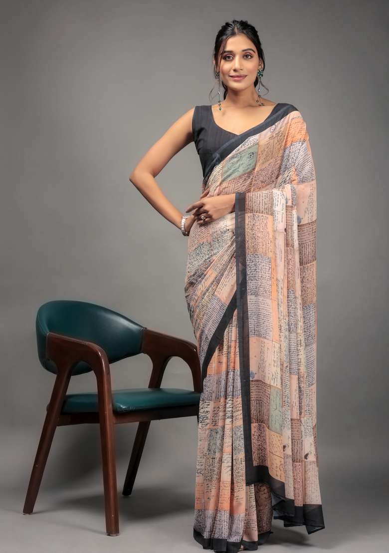 Orange Printed faux georgette Saree Set - Indya