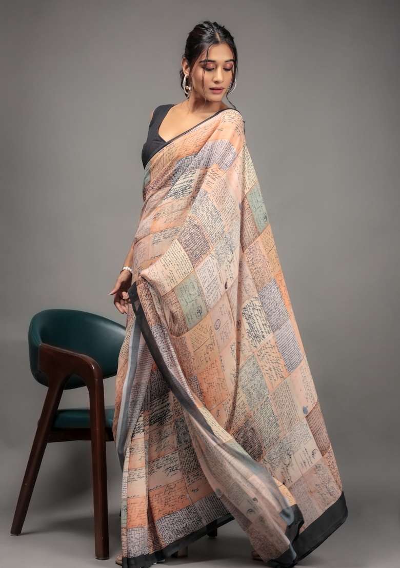 Orange Printed faux georgette Saree Set - Indya
