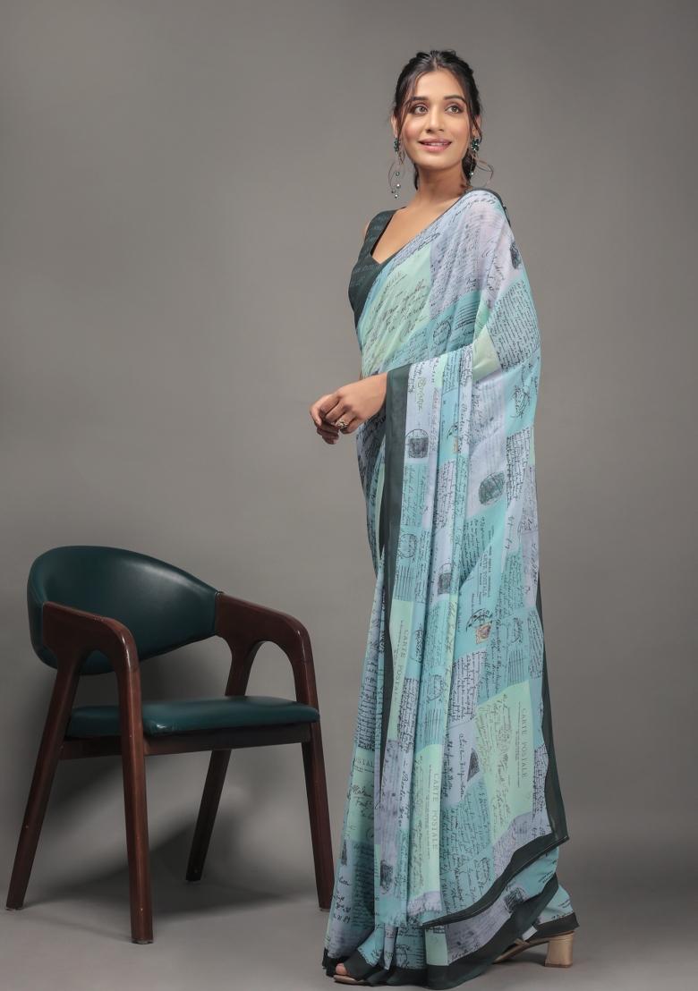 Green Printed faux georgette Saree Set - Indya