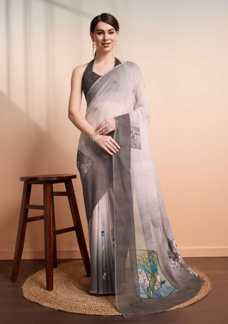Grey Printed faux georgette Saree Set - Indya