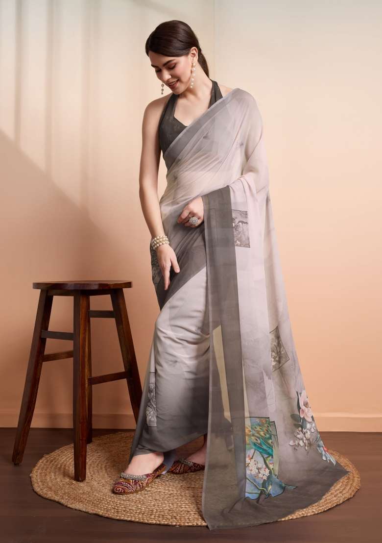 Grey Printed faux georgette Saree Set - Indya