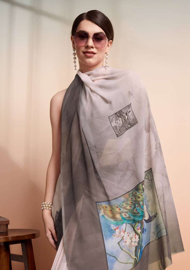 Grey Printed faux georgette Saree Set - Indya