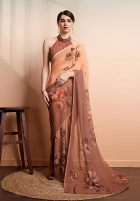 Brown Printed faux georgette Saree Set