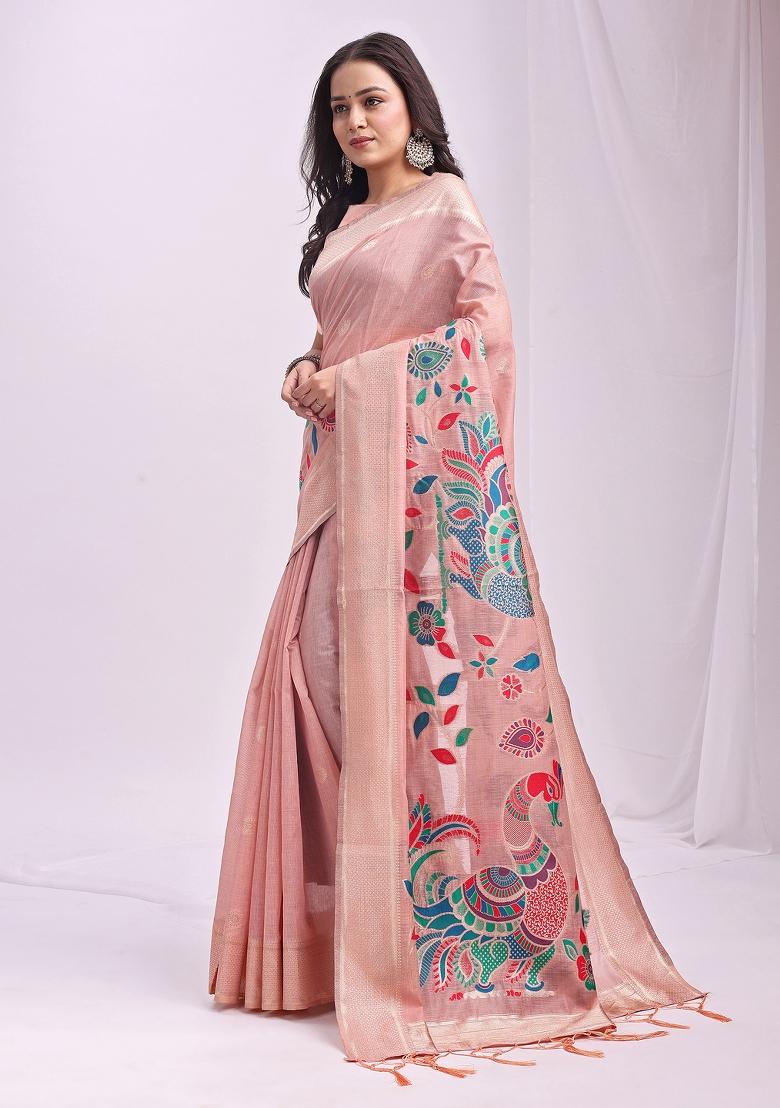 Peach Embroidered Cotton Saree Set - Indya