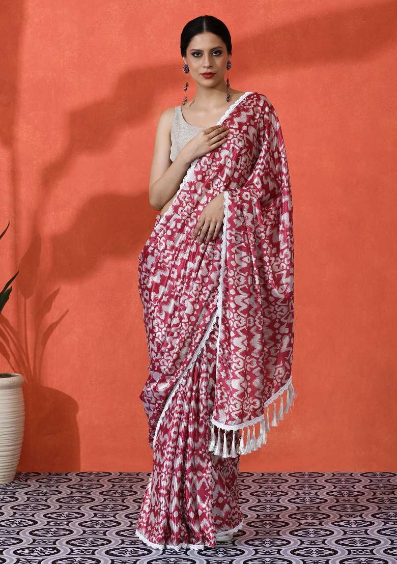 Maroon Printed Silk Saree Set for Diwali and Festive Wear - Indya