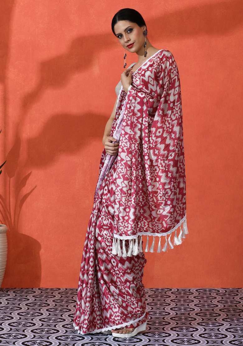 Maroon Printed Silk Saree Set for Diwali and Festive Wear - Indya