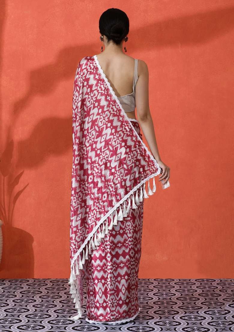 Maroon Printed Silk Saree Set for Diwali and Festive Wear - Indya