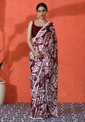 Wine Printed Silk Saree Set