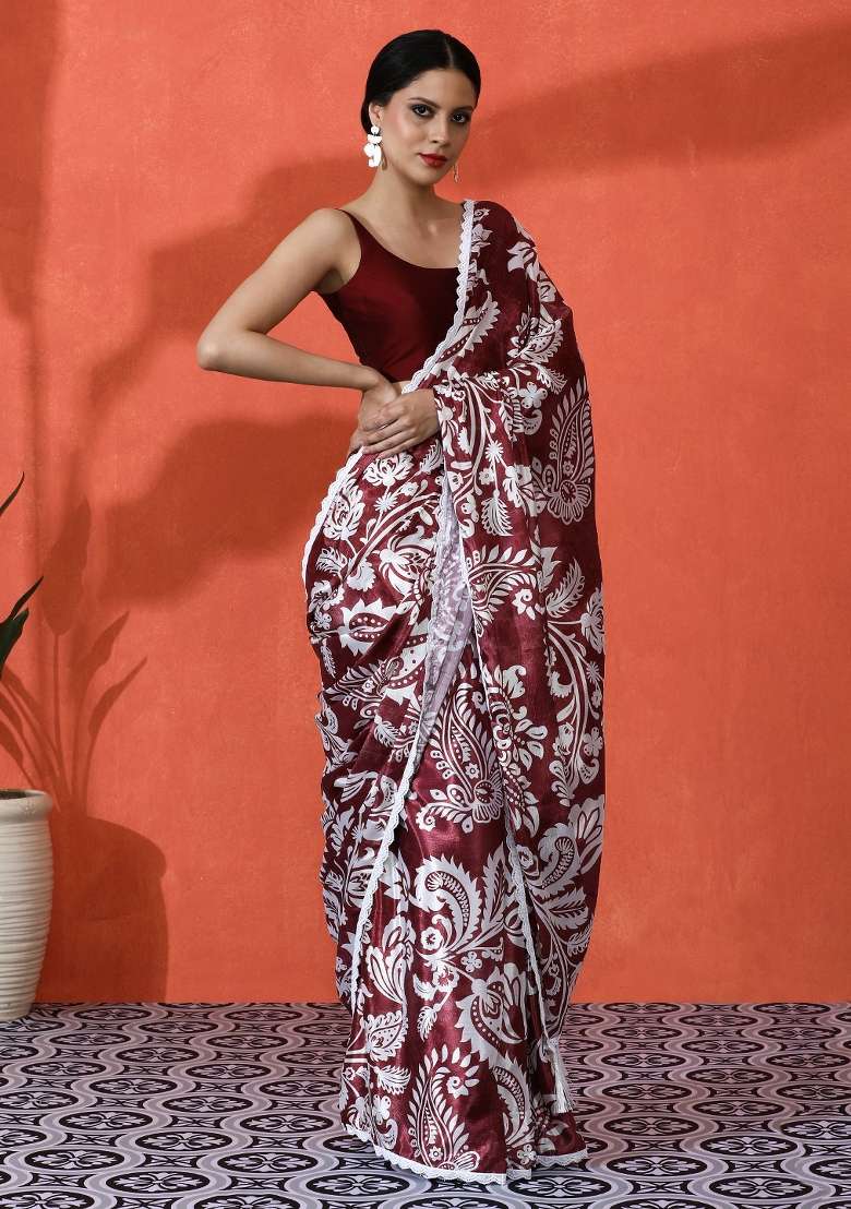 Wine Printed Silk Saree Set for Diwali and Festive Wear - Indya