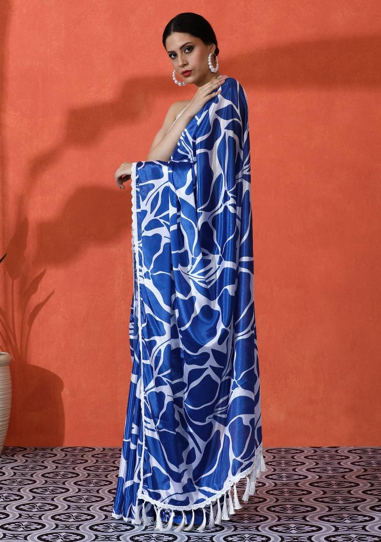 Blue Printed Silk Saree Set - Indya