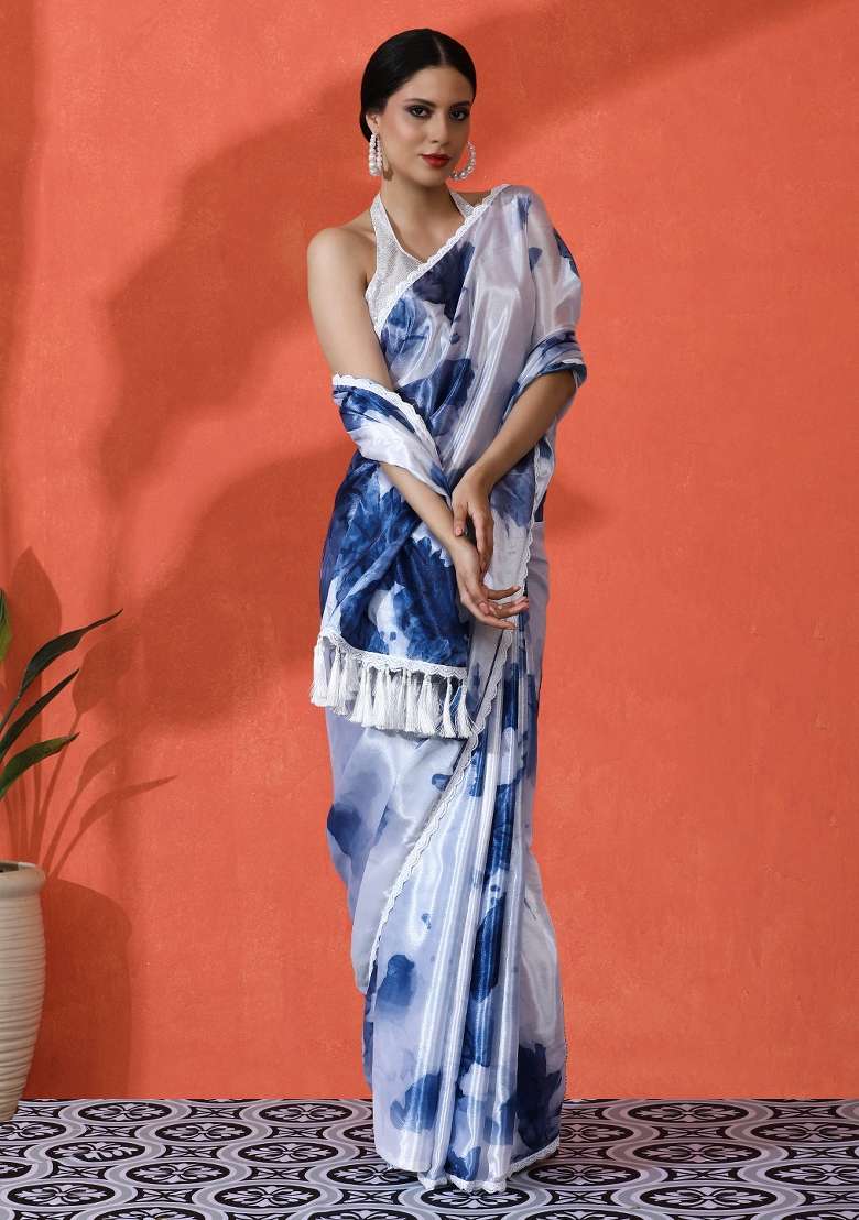 Grey Silk Saree Set with Printed for Diwali | Wedding & Festive Wear - Indya