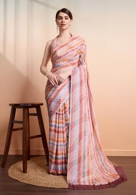 Peach Printed faux georgette Saree Set