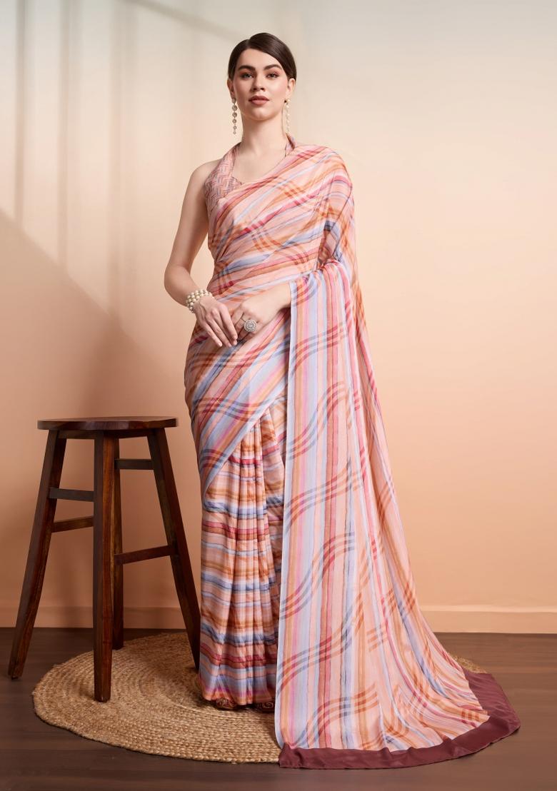 Peach Printed faux georgette Saree Set
