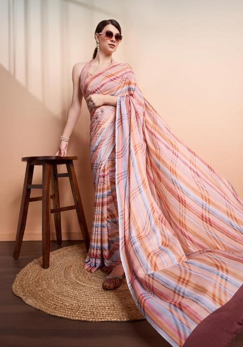 Peach Printed faux georgette Saree Set