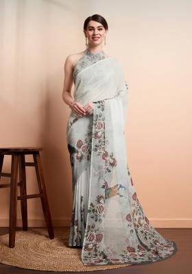 Grey Printed faux georgette Saree Set