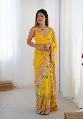 Yellow Embroidered faux georgette Saree Set