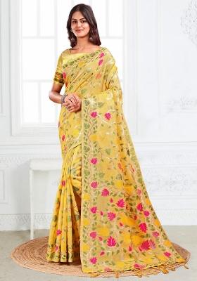 Yellow Embroidered Cotton Saree Set