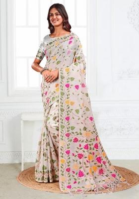 White Embroidered Cotton Saree Set