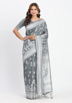 Grey Embroidered Cotton Saree Set