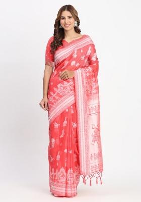 Red Embroidered Cotton Saree Set