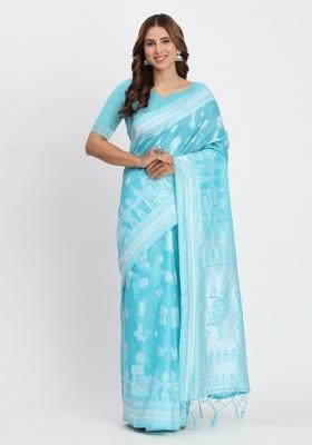 Blue Embroidered Cotton Saree Set