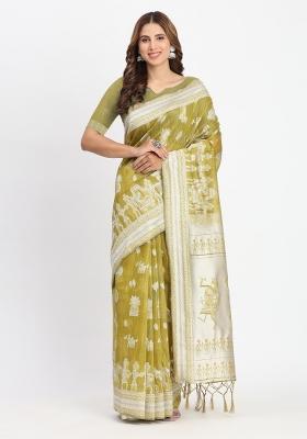 Yellow Embroidered Cotton Saree Set