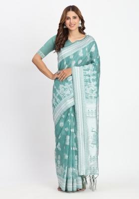Green Embroidered Cotton Saree Set