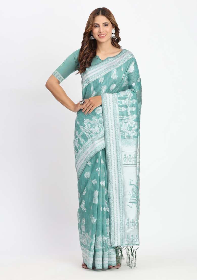 Green Embroidered Cotton Saree Set - Indya